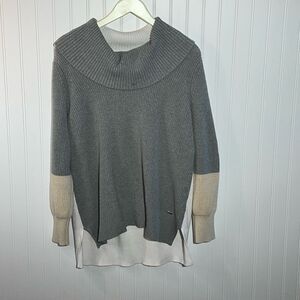 DKNY Pull Over Sweater Women’s Large Cowl Neck Color Blocking Gray Cream Tan